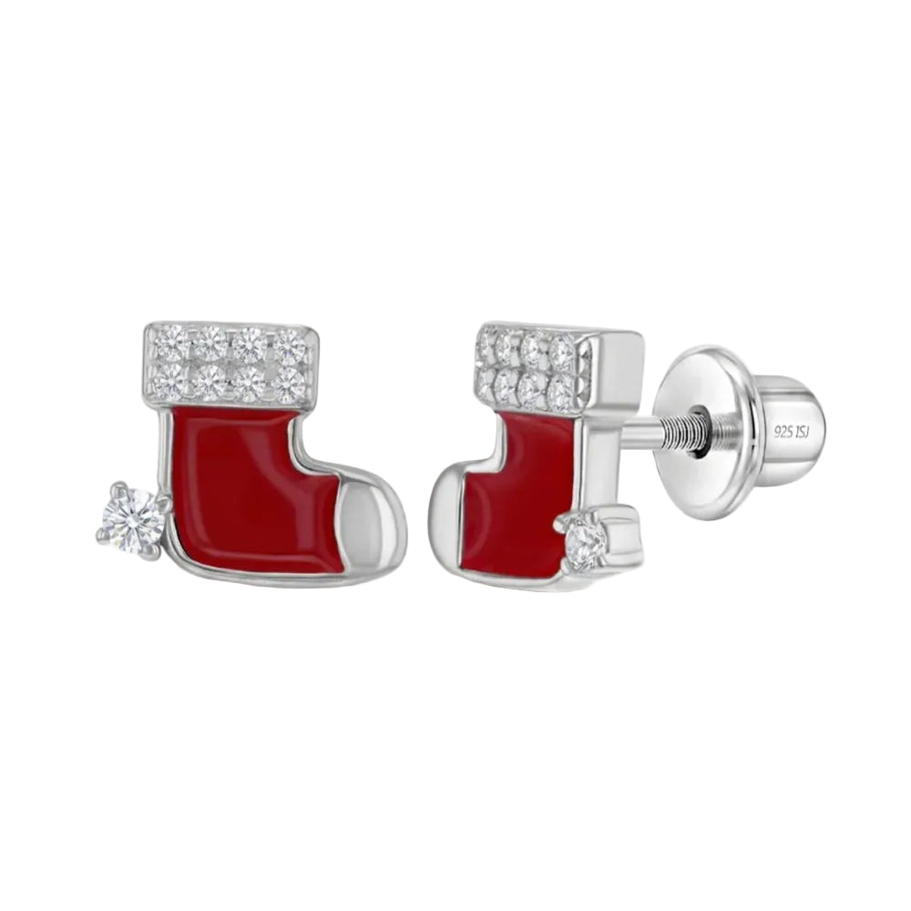 A pair of Christmas stocking stud earrings with red enamel bodies, silver-tone tops and posts, and clear crystal accents, shown on a white background