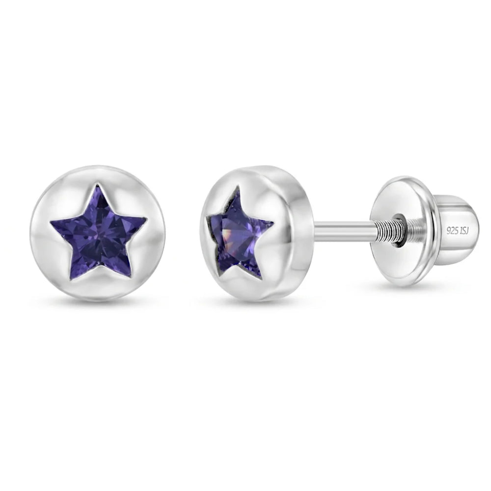 A pair of sterling silver stud earrings featuring a polished circular face with a faceted dark purple star inlay, shown from both front and side angles on a white background.