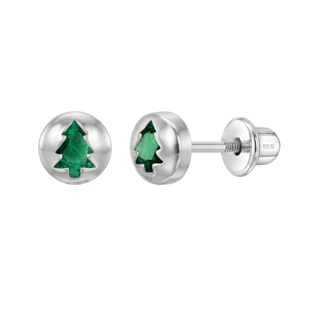 A pair of silver stud earrings with green Christmas tree-shaped stones, shown on a white background.