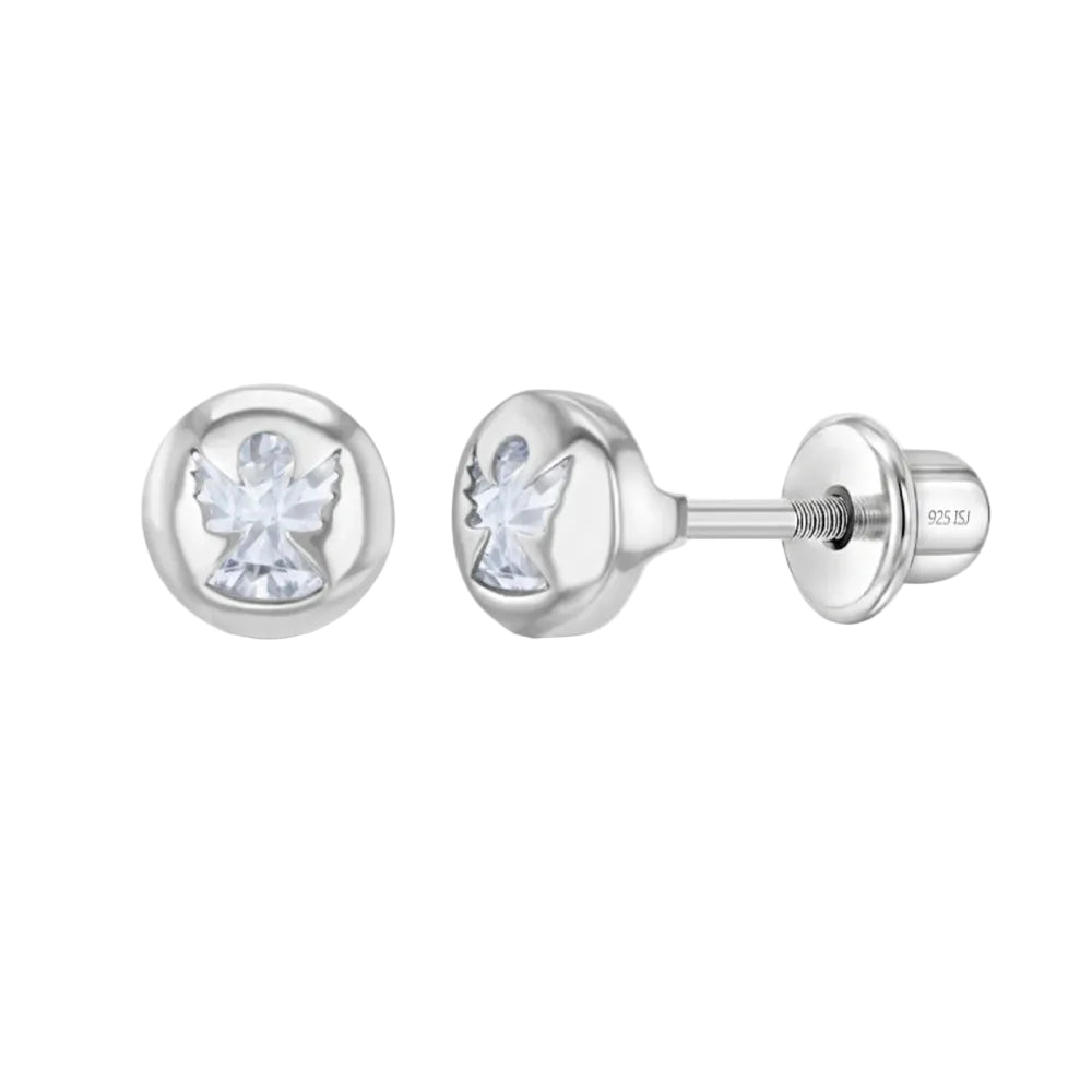 A pair of silver round stud earrings with a clear crystal angel design, shown from both front and side/back views on a white background.