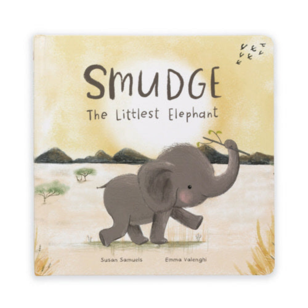 A children's book titled 'Smudge the Littlest Elephant' with an illustration of a small gray elephant walking in a grassy field.