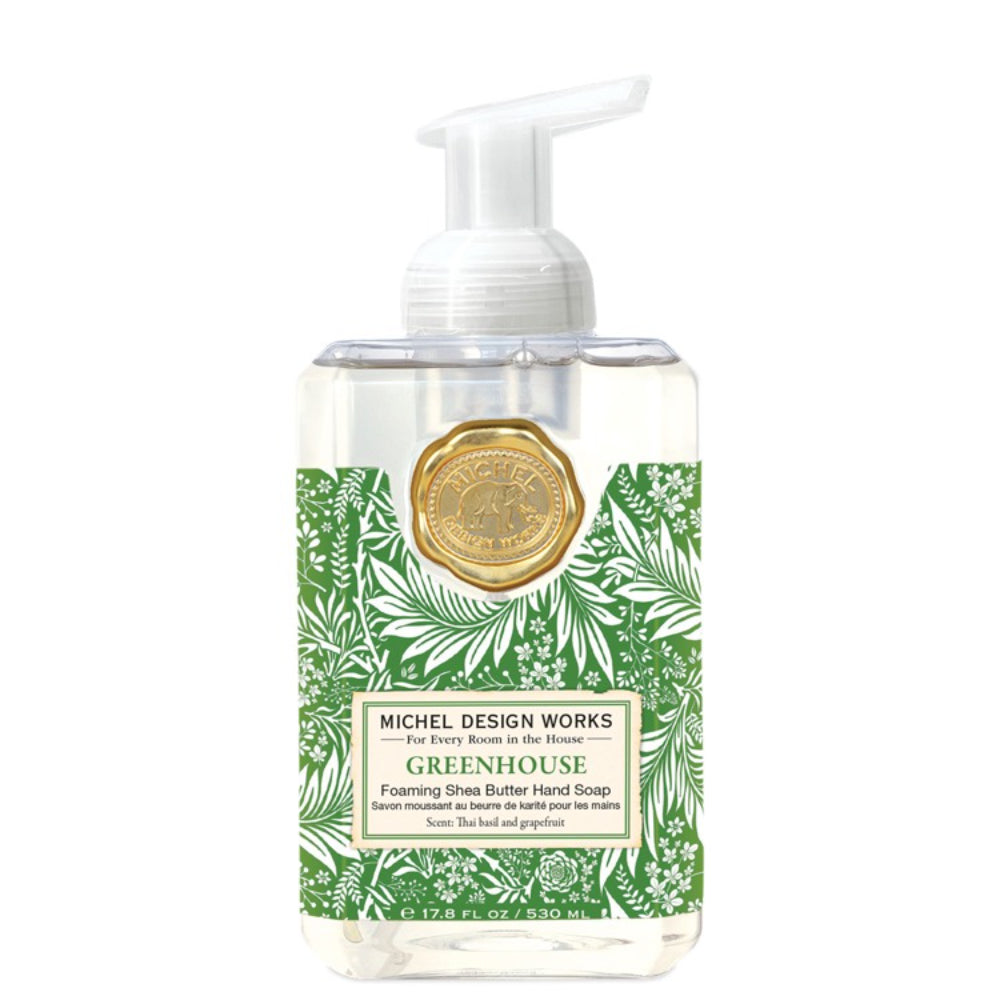 Michel Design Works foaming hand soap bottle with green label on a white background