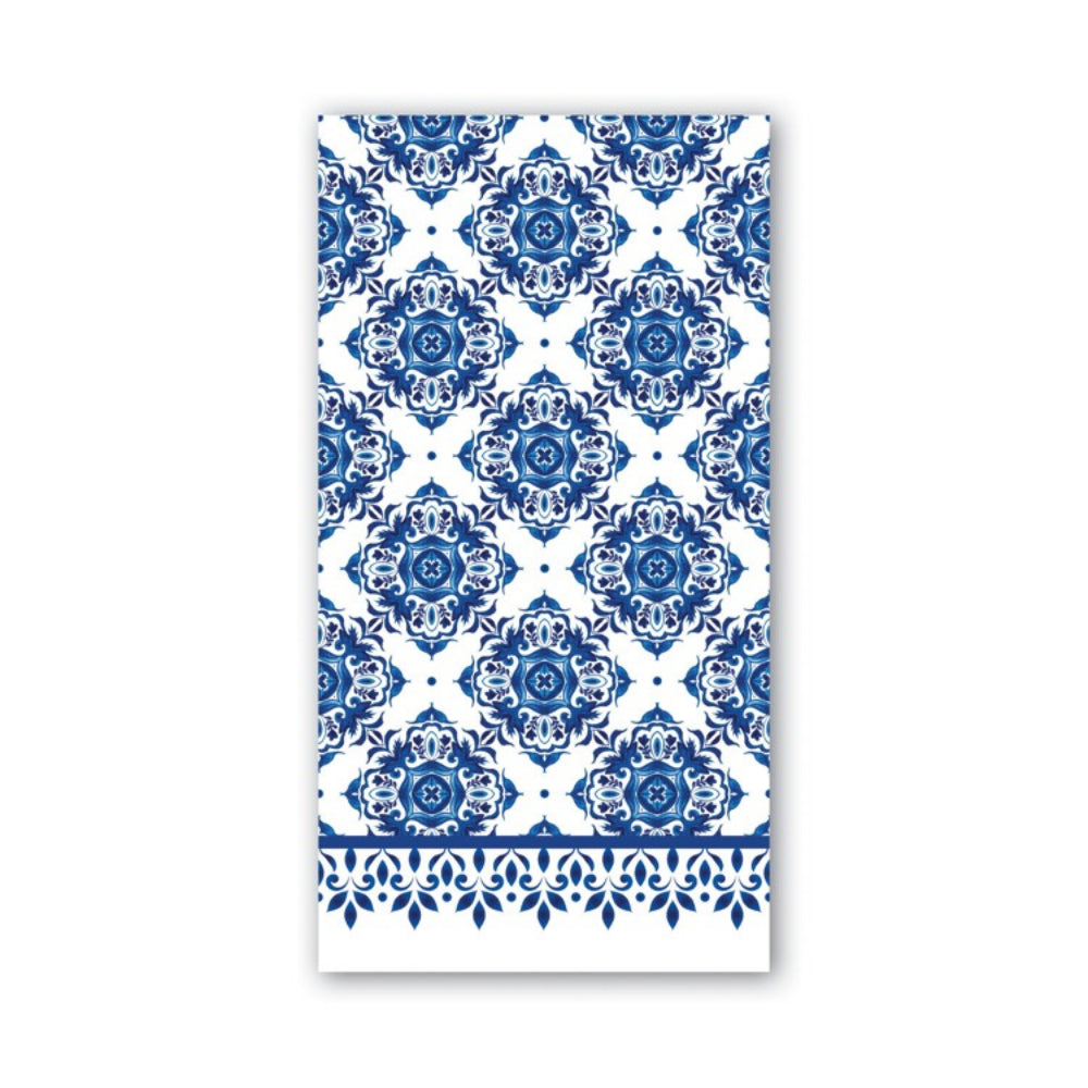 Towel with blue and white pattern on a white background