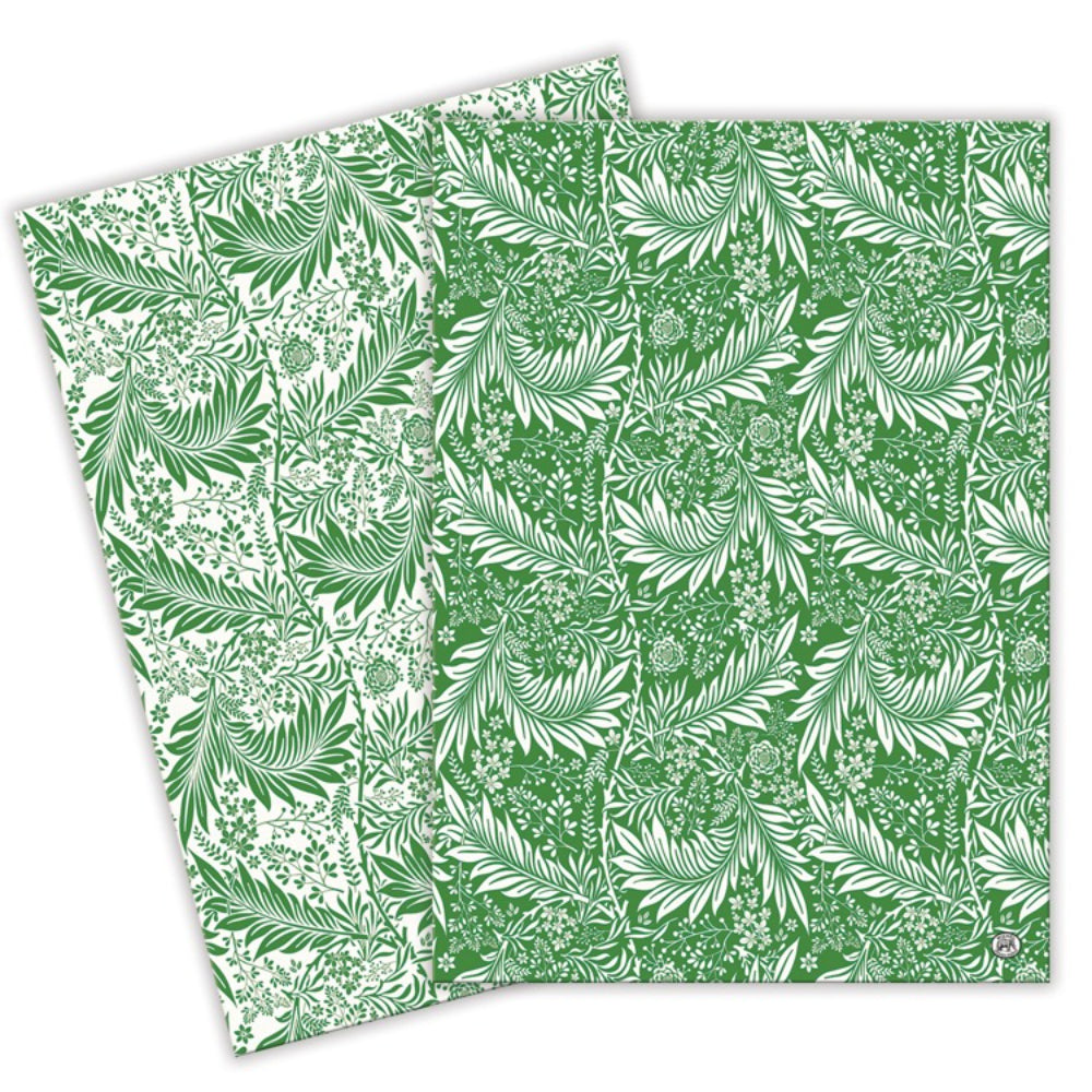 Two sheets of green and white floral patterned paper on a white background