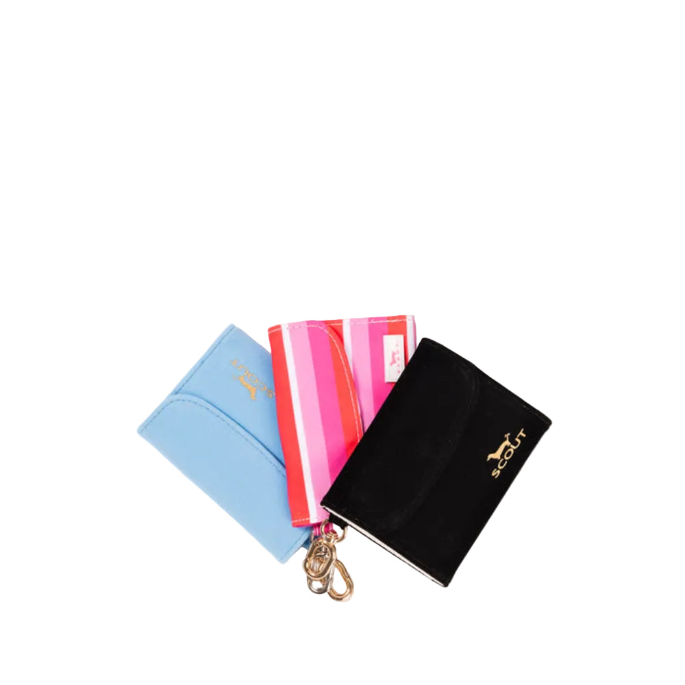 Three small card holders or wallets with keychains arranged on a white background. One is light blue with gold lettering, one has vertical pink and red stripes with a small white tag, and one is black with a gold logo.
