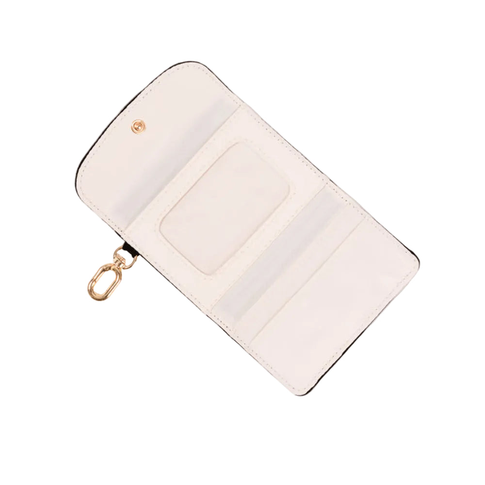 An off-white leather wallet with a gold-tone clasp and keychain attachment, shown open on a clean white background.