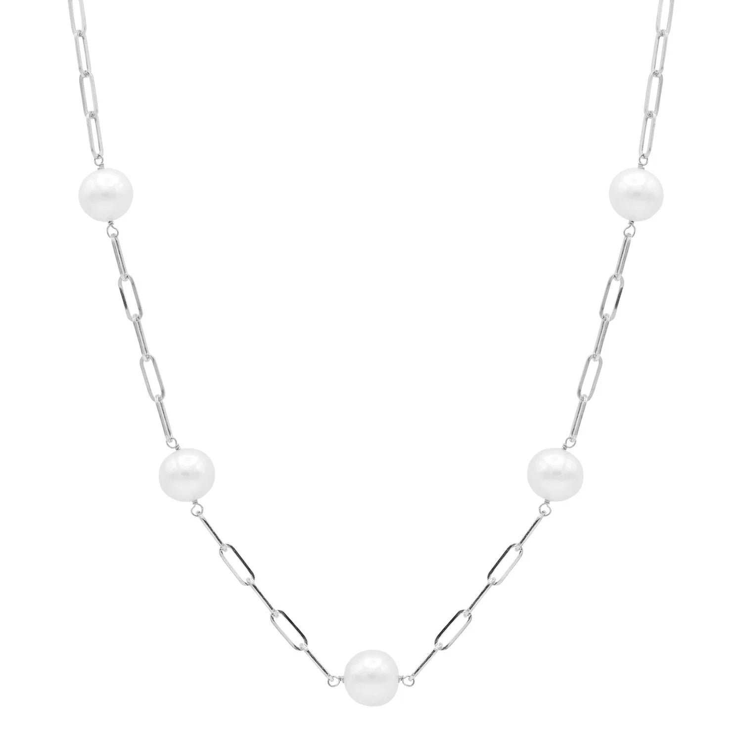 A silver chain necklace featuring five evenly spaced white round pearls, displayed against a solid white background.