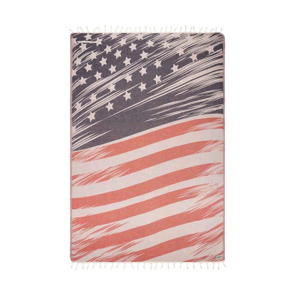 American flag patterned towel on a white background