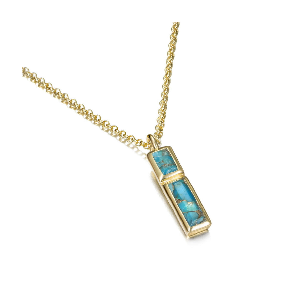 A gold chain necklace with a rectangular pendant featuring two stacked turquoise-blue stone inlays in gold bezel settings, shown on a plain white background.