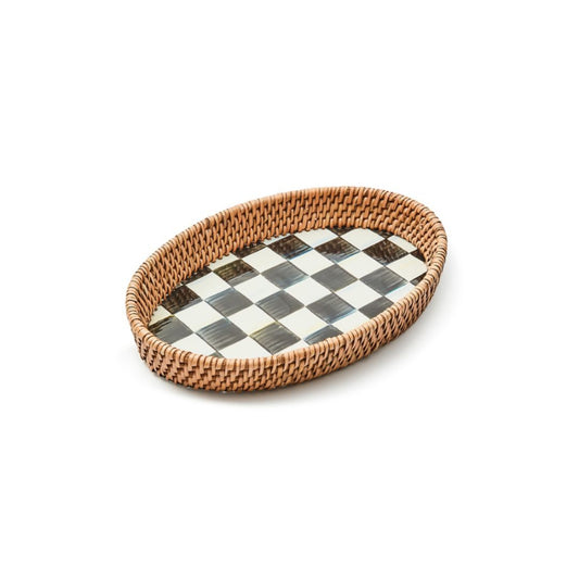 MacKenzie-Childs Courtly Check Enamel & Rattan Serving Tray - Spring 2025
