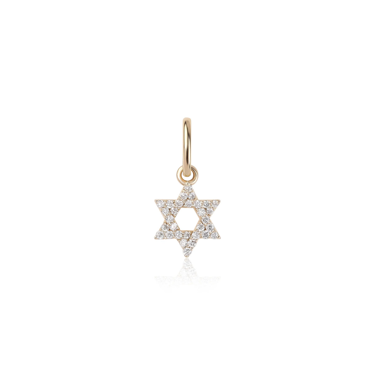 A gold Star of David pendant charm paved with small clear stones, shown on a clean white background with a soft reflection below.