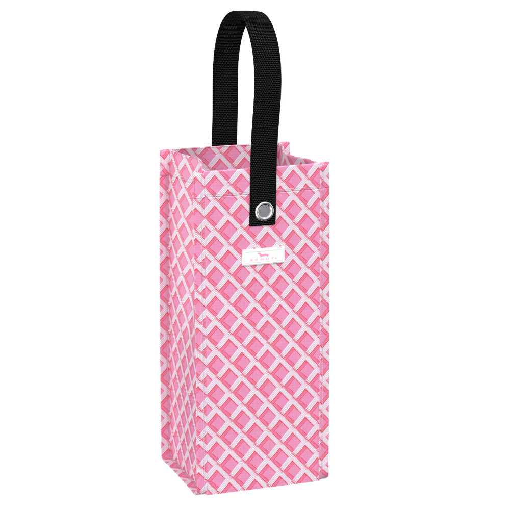 Reusable wine bottle bag with pink triangle design