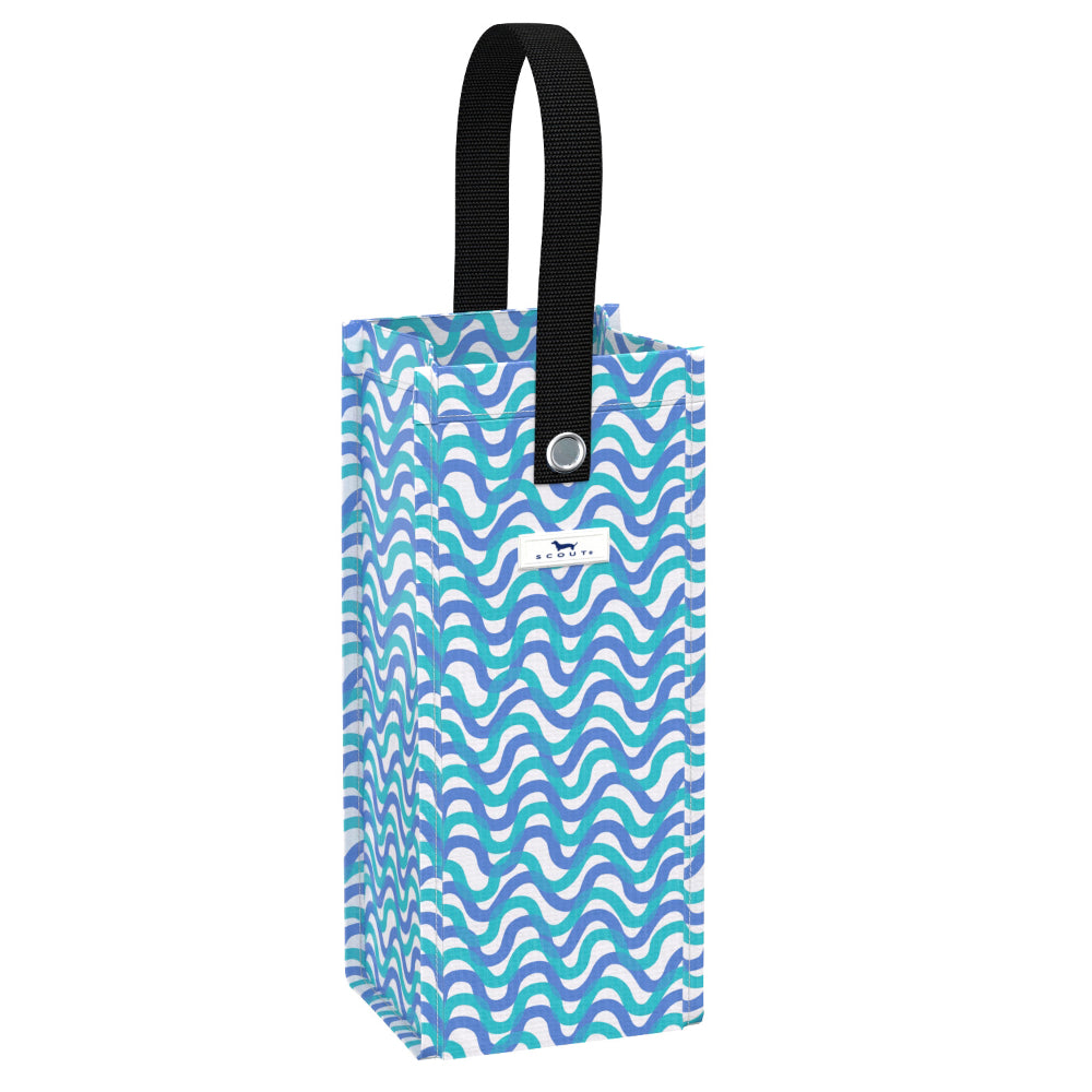 Reusable wine bottle bag with wavy blue lines
