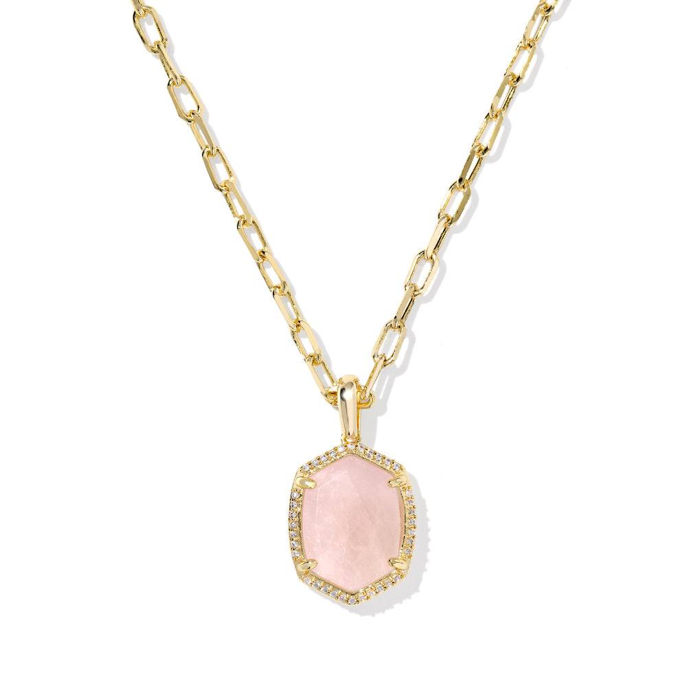 Kendra Scott Daphne Pave Frame Short Pendant Necklace - Rose Quartz