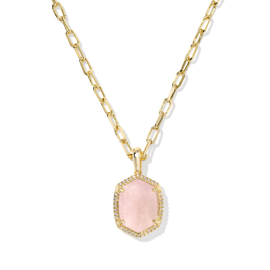 Kendra Scott Daphne Pave Frame Short Pendant Necklace - Rose Quartz