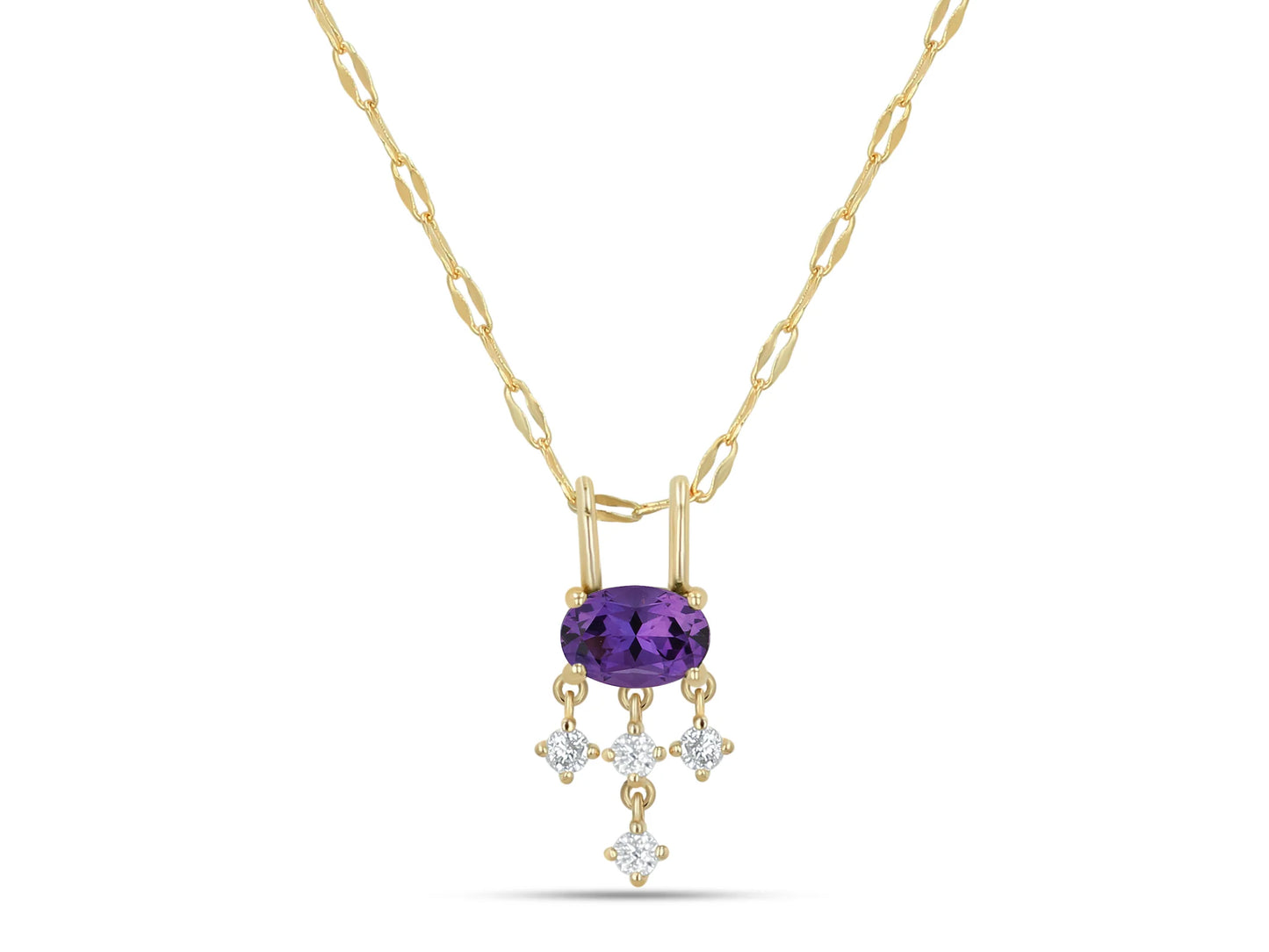 gold necklace with purple and clear stones on a white background