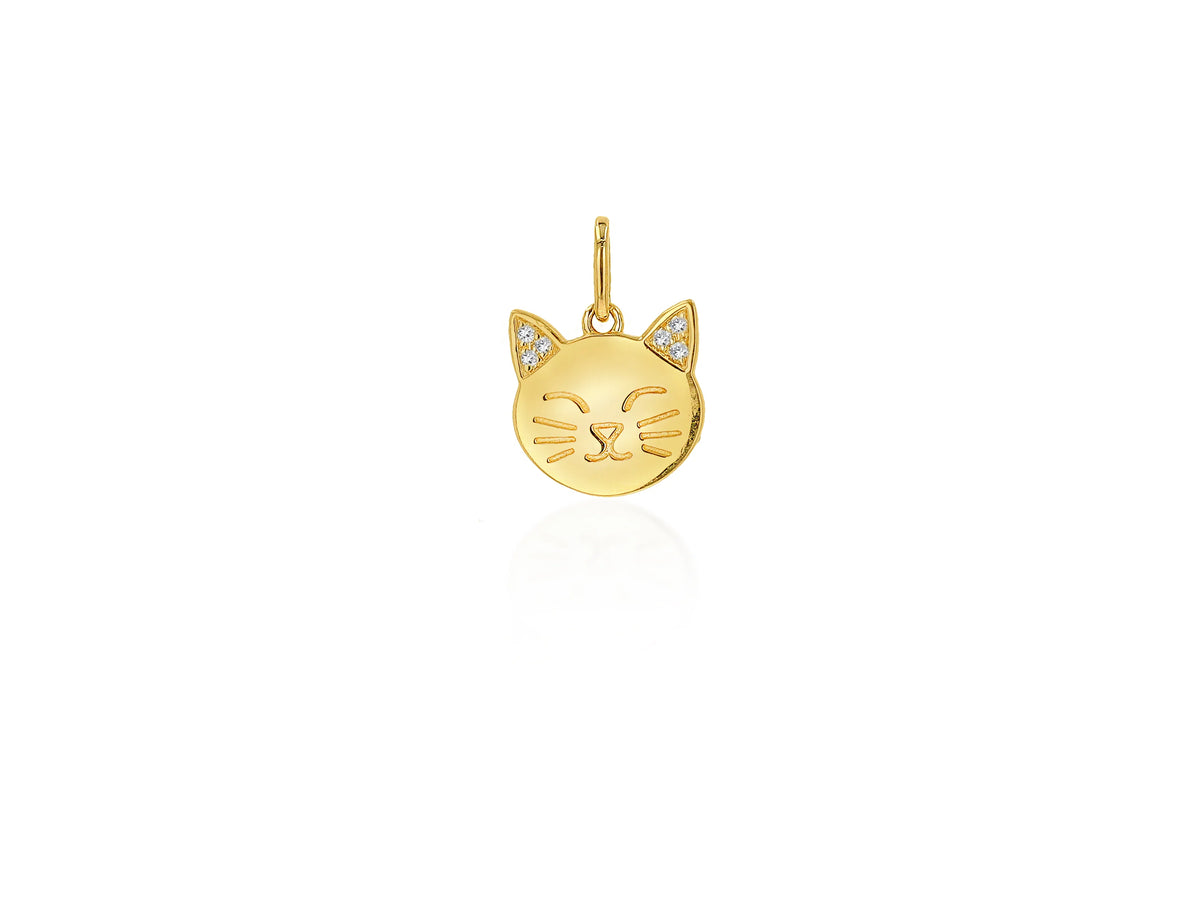 gold-tone cat face charm with clear stones on a white background