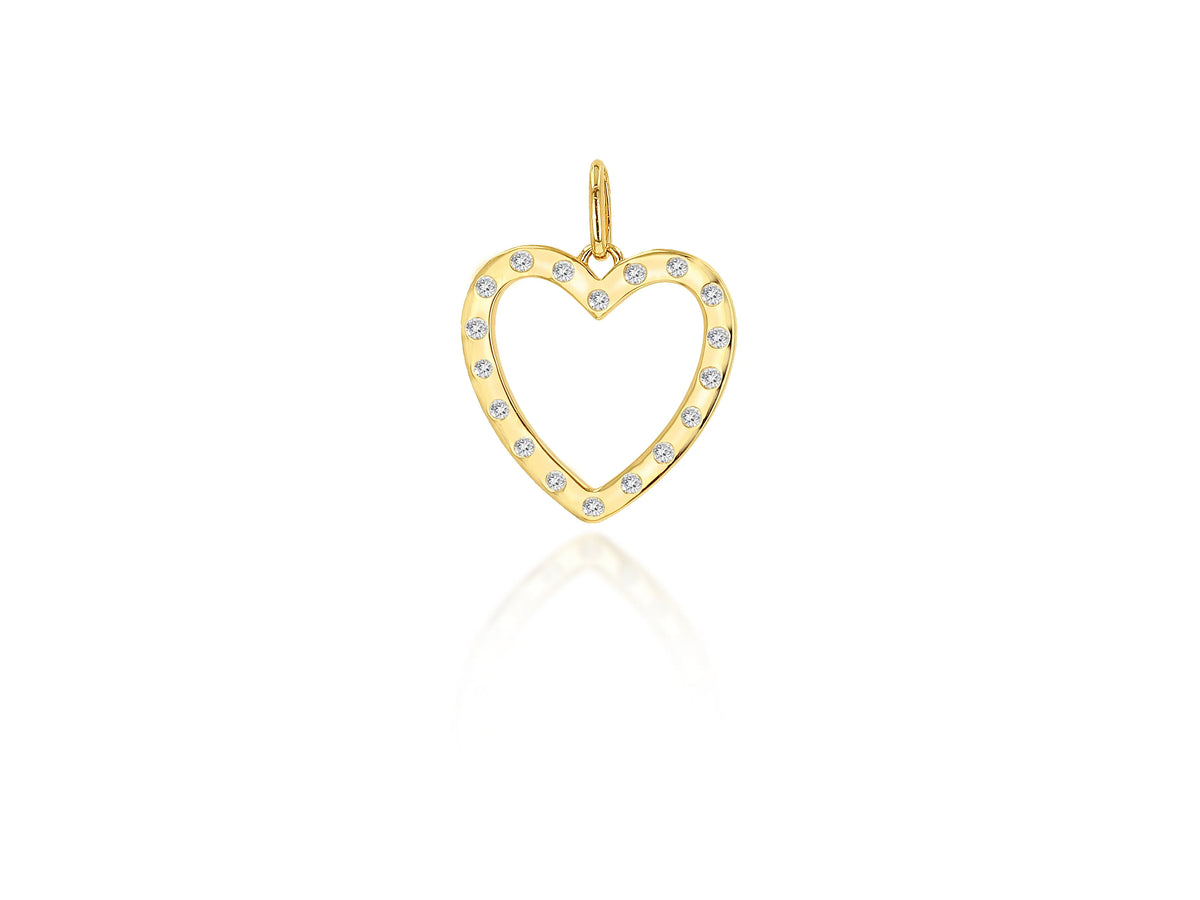 A gold heart-shaped pendant with a border of small clear stones, shown on a clean white background with a soft reflection below.