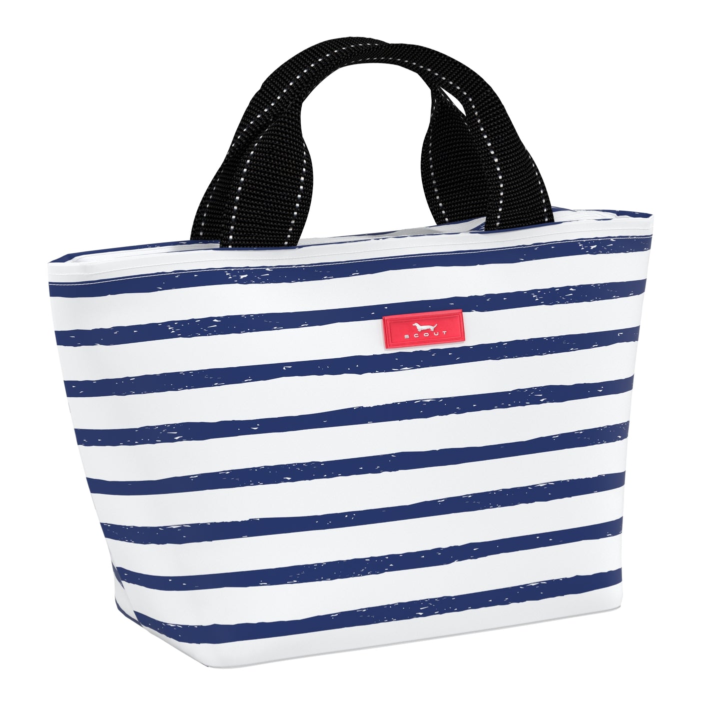 A blue and white striped insulated lunch box with top handles.