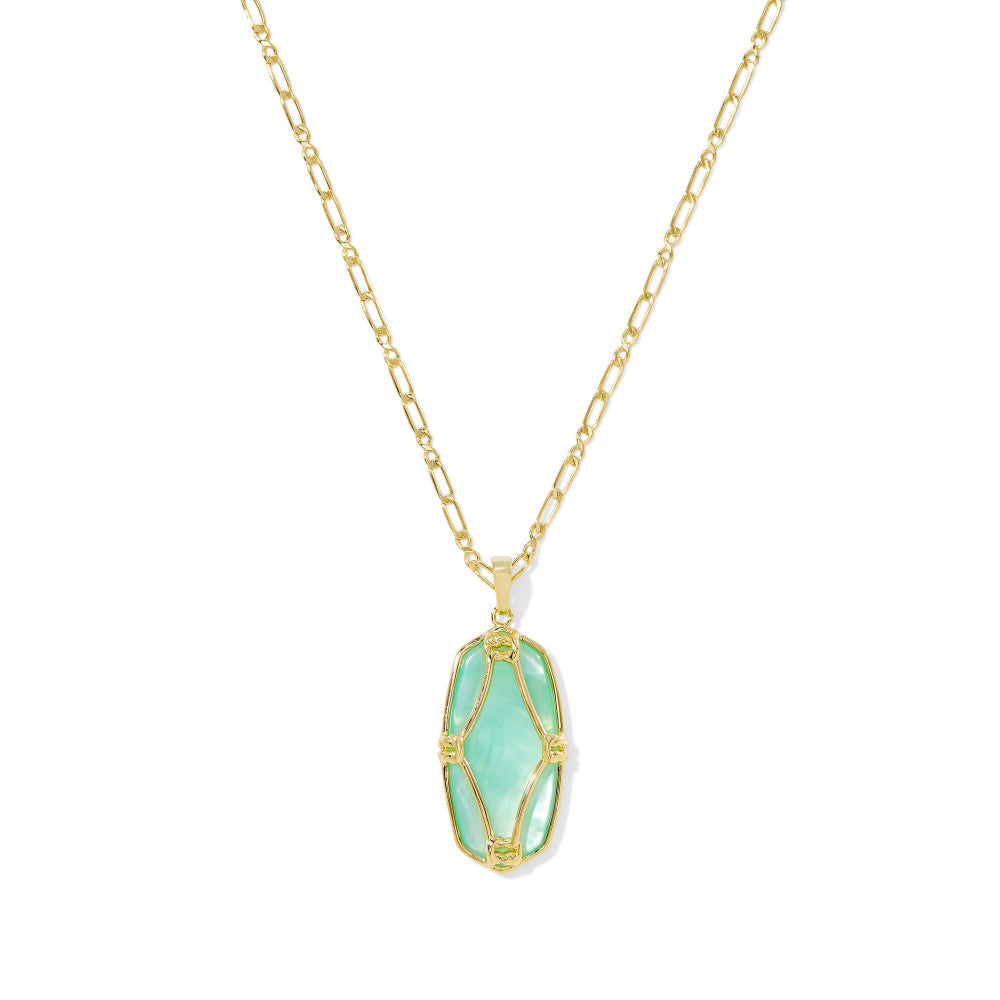Kendra Scott Gold Elle Lattice Frame Large Long Pendant Necklace - Light Green Mother of Pearl