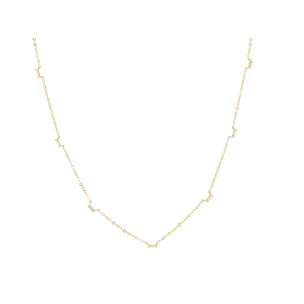 A delicate gold chain necklace featuring small, spaced-out letter 'I' charms on a plain white background.