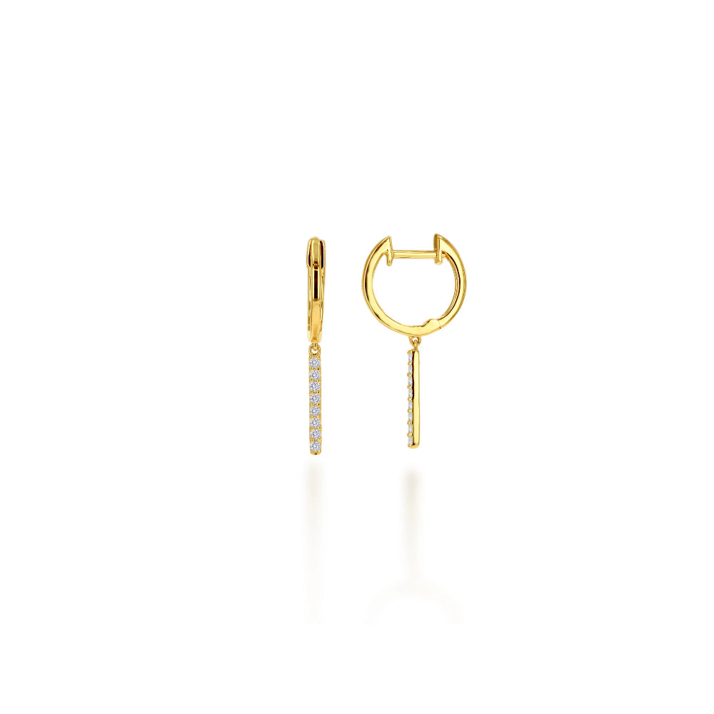gold bar drop earrings with clear stones on white background