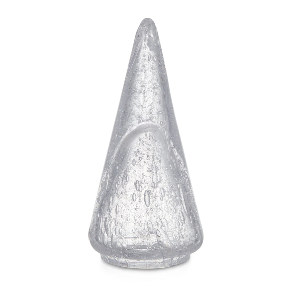 Clear glass cone-shaped object on a white background