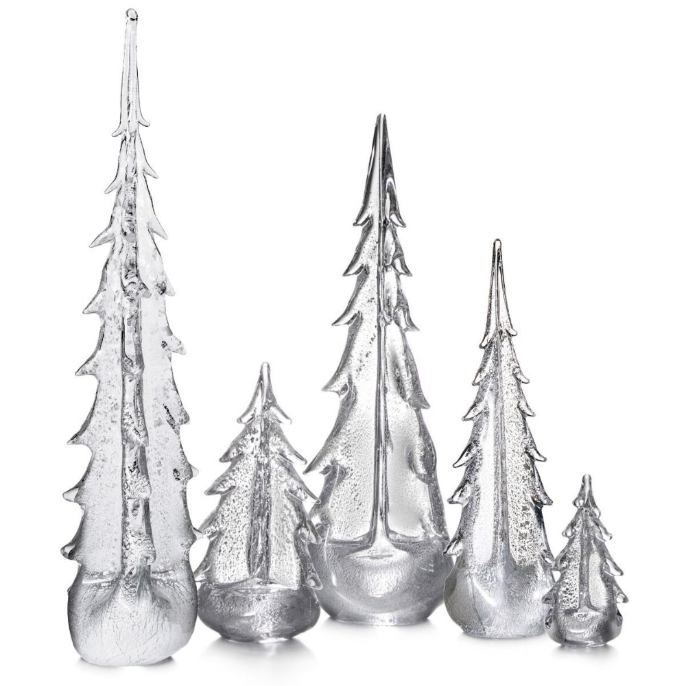 Set of Simon Pearce Silver Leaf Evergreen trees on a white background. 