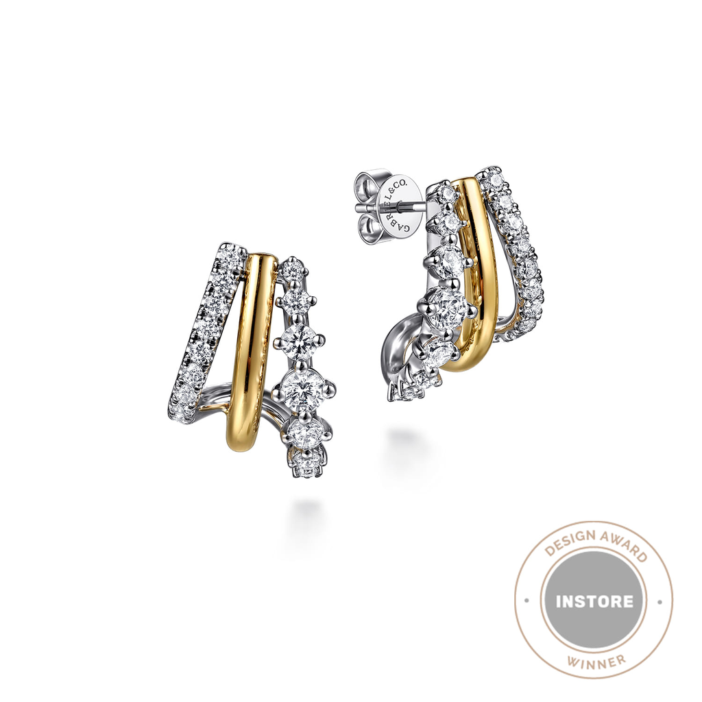yellow and silver half hoop earrings with clear stones on white background