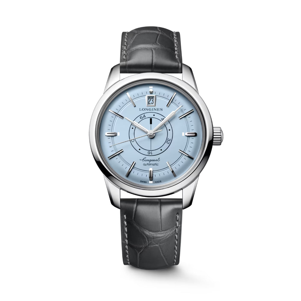 A Longines wristwatch with a silver stainless steel case, a light blue dial, and a dark gray alligator leather strap, shown against a plain white background.