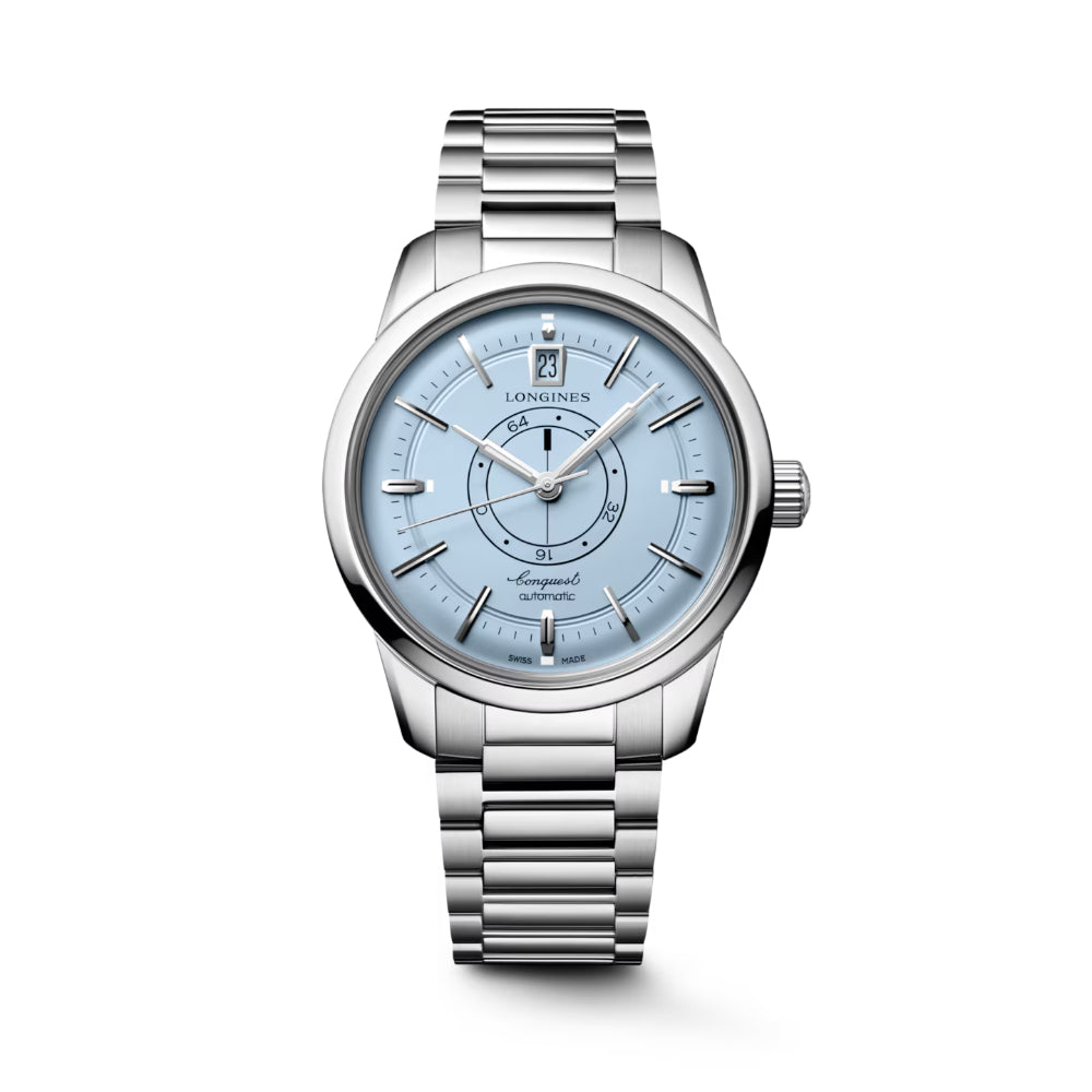 A Longines wristwatch with a silver stainless steel link bracelet and a light blue dial, shown against a plain white background.