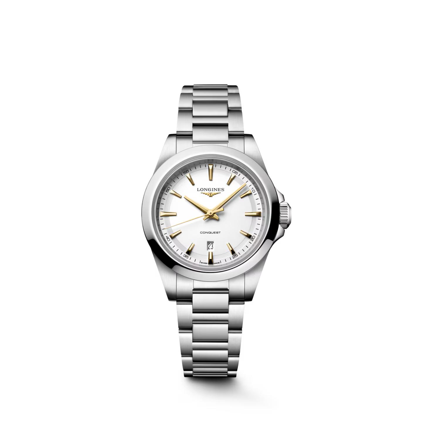 A Longines Conquest watch with a silver stainless steel link bracelet, a white dial, and gold-tone hands and markers, shown against a plain white background.