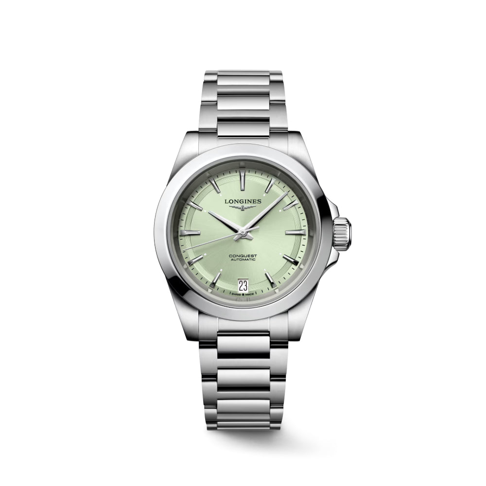 Silver watch with a light green face on a white background