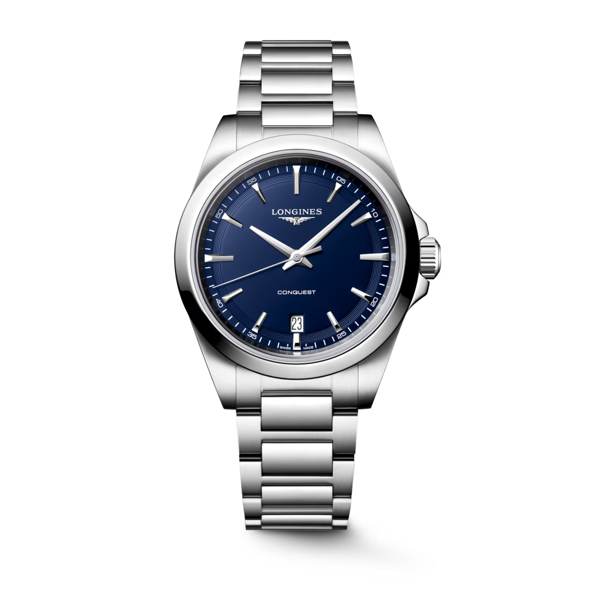 Silver watch with blue dial on a white background