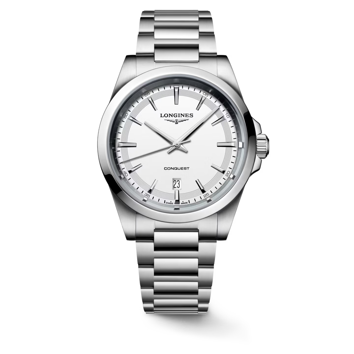 Silver Longines watch with a white face on a white background