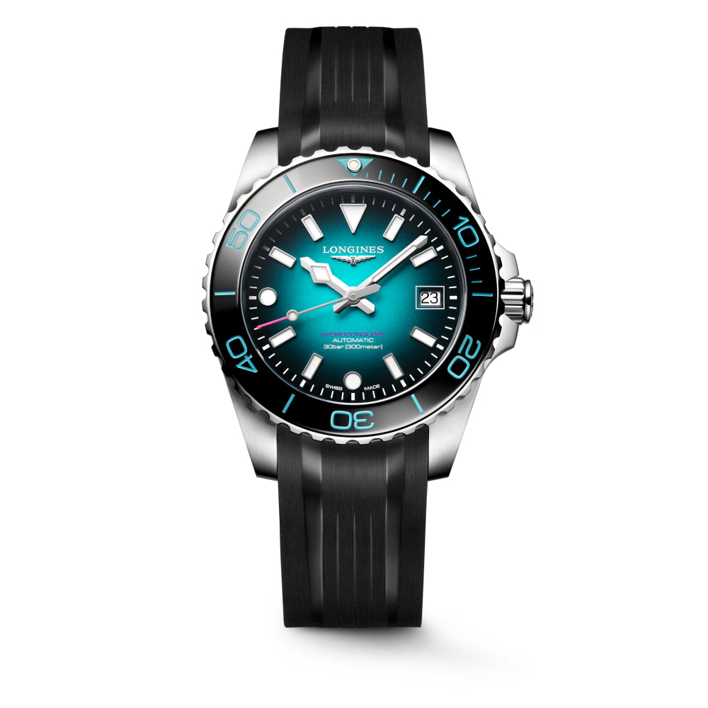 Longines watch with black strap and blue dial on a white background