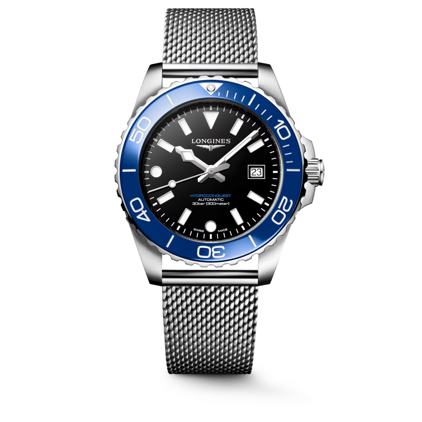 Longines watch with blue bezel and silver mesh band on a white background