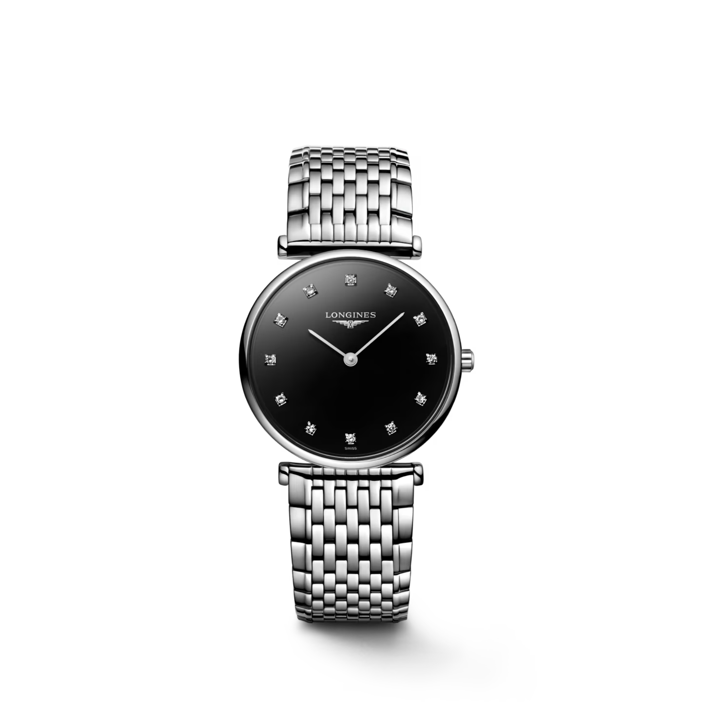 A Longines women's watch featuring a round black dial with diamond hour markers, silver-tone hands, and a silver-tone stainless steel link bracelet, shown against a plain white background.