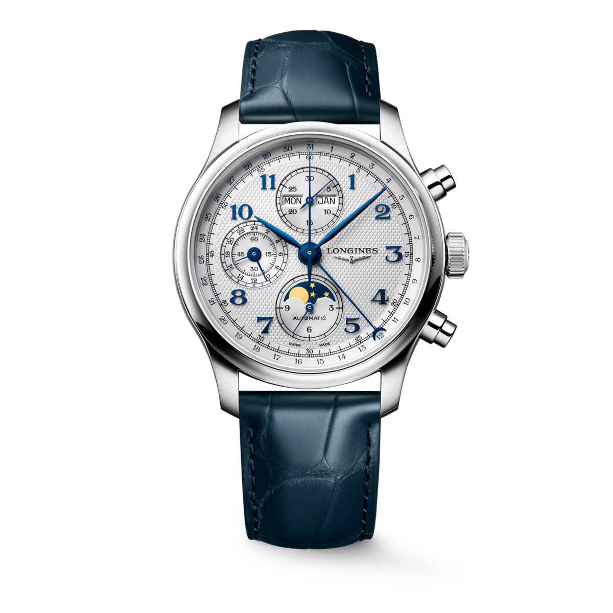 Longines Sky Diver 2000 Automatic watch with a silver stainless steel case, a white dial featuring blue hands and markers, and a dark teal alligator leather strap, shown on a white background.