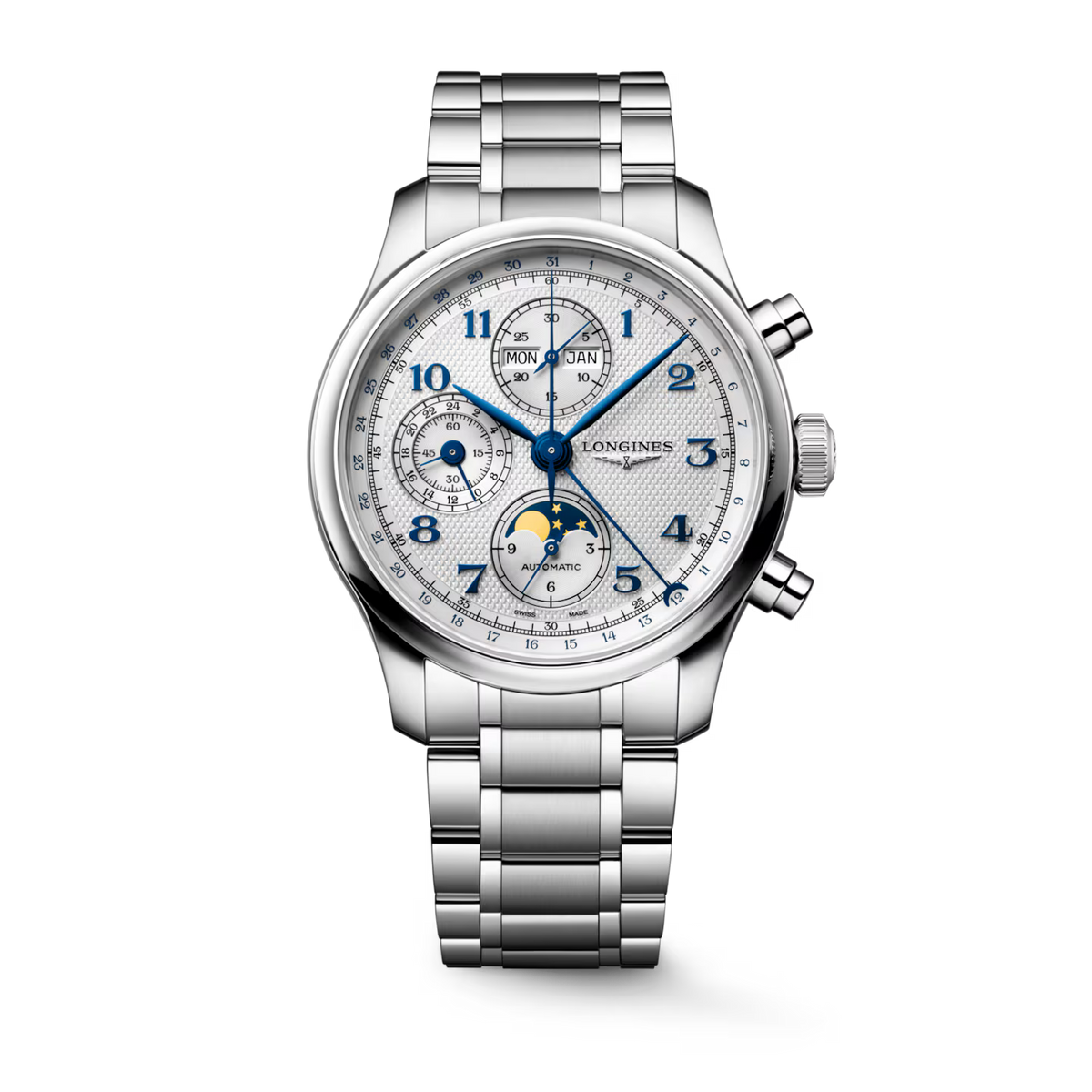 Longines Masterchron wristwatch with a silver stainless steel case and integrated bracelet, featuring a white dial with blue hands, markers, and subdials, and a moon phase indicator.