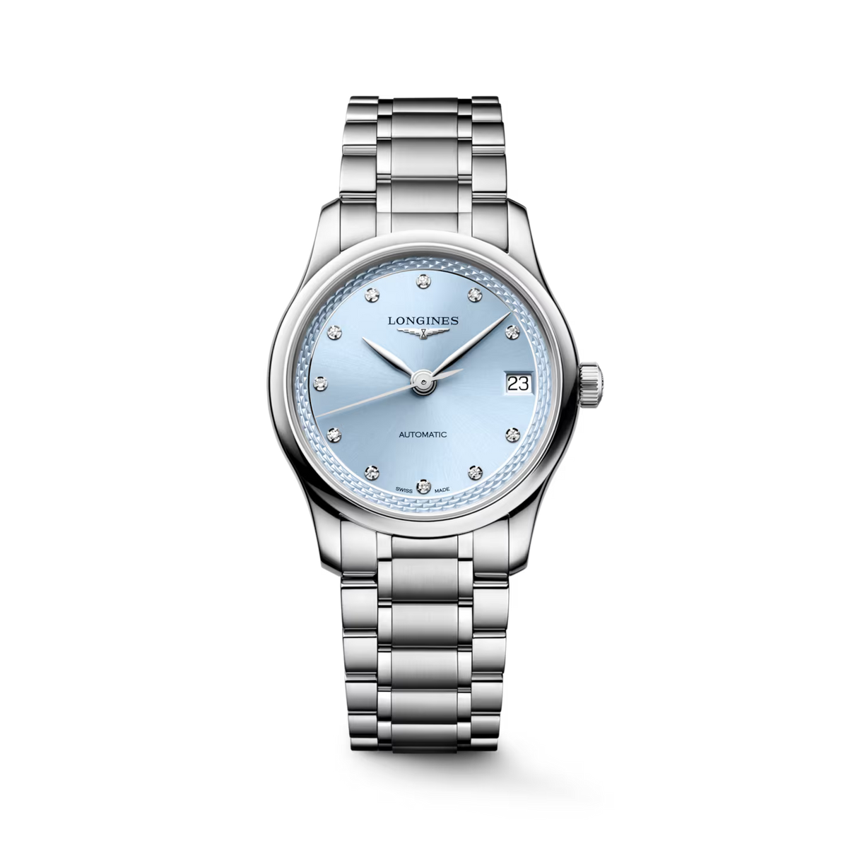 A Longines women's automatic watch featuring a silver stainless steel link bracelet, a silver-toned case, and a light blue dial with crystal hour markers.