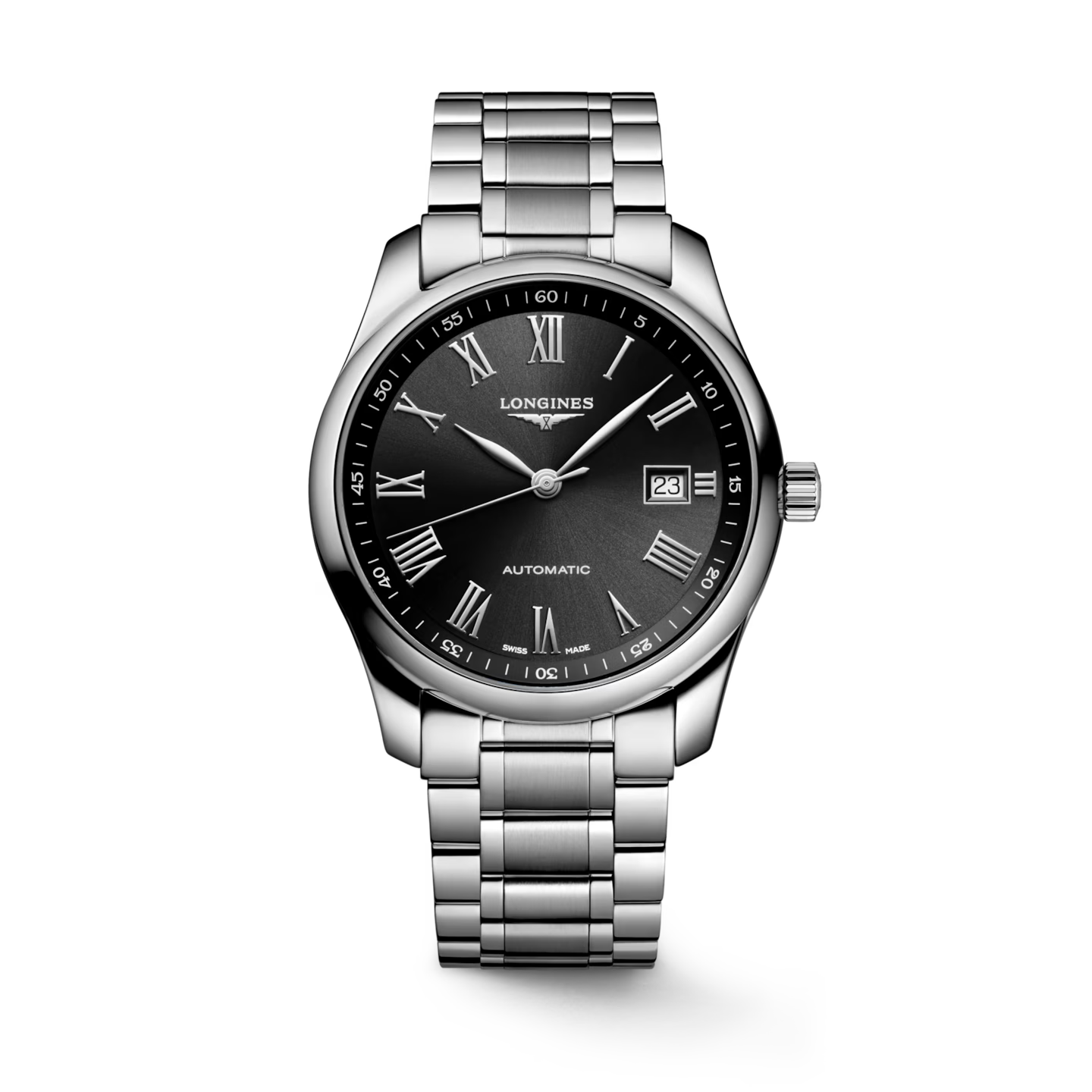 A Longines Automatic watch with a polished silver-tone stainless steel case and link bracelet, featuring a black dial with Roman numerals and a date window.