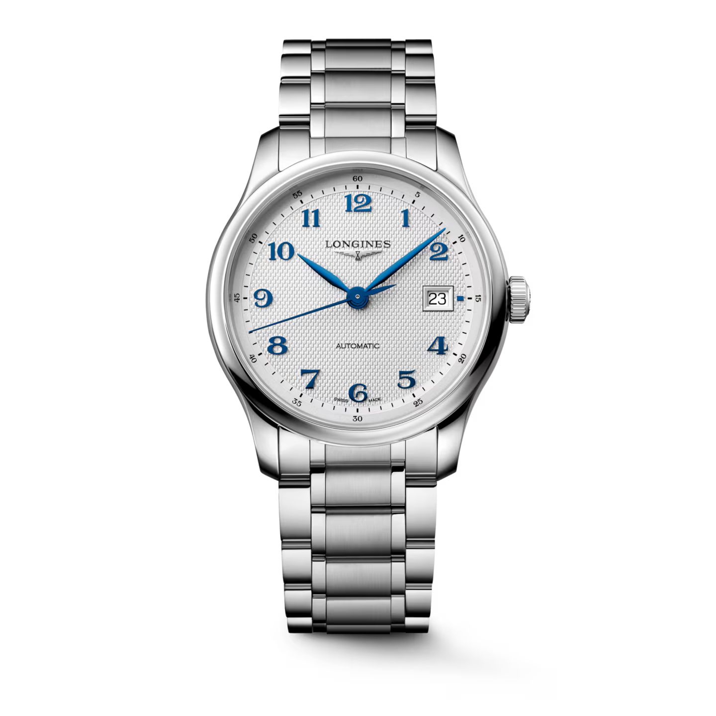A Longines Automatic watch with a silver stainless steel bracelet, a white dial, and blue hands and numerals, shown against a plain white background.