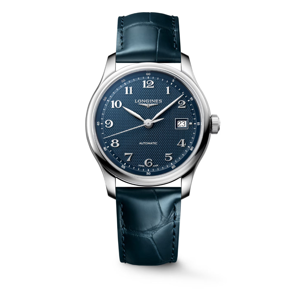 A Longines Automatic watch with a textured blue dial, silver-tone stainless steel case, and a dark teal leather strap, shown against a plain white background.