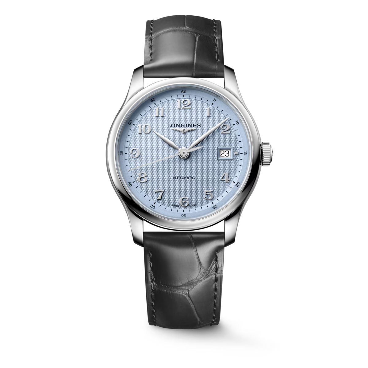 A Longines Automatic watch with a light blue dial, silver-tone stainless steel case, and a dark gray alligator leather strap, shown against a plain white background.