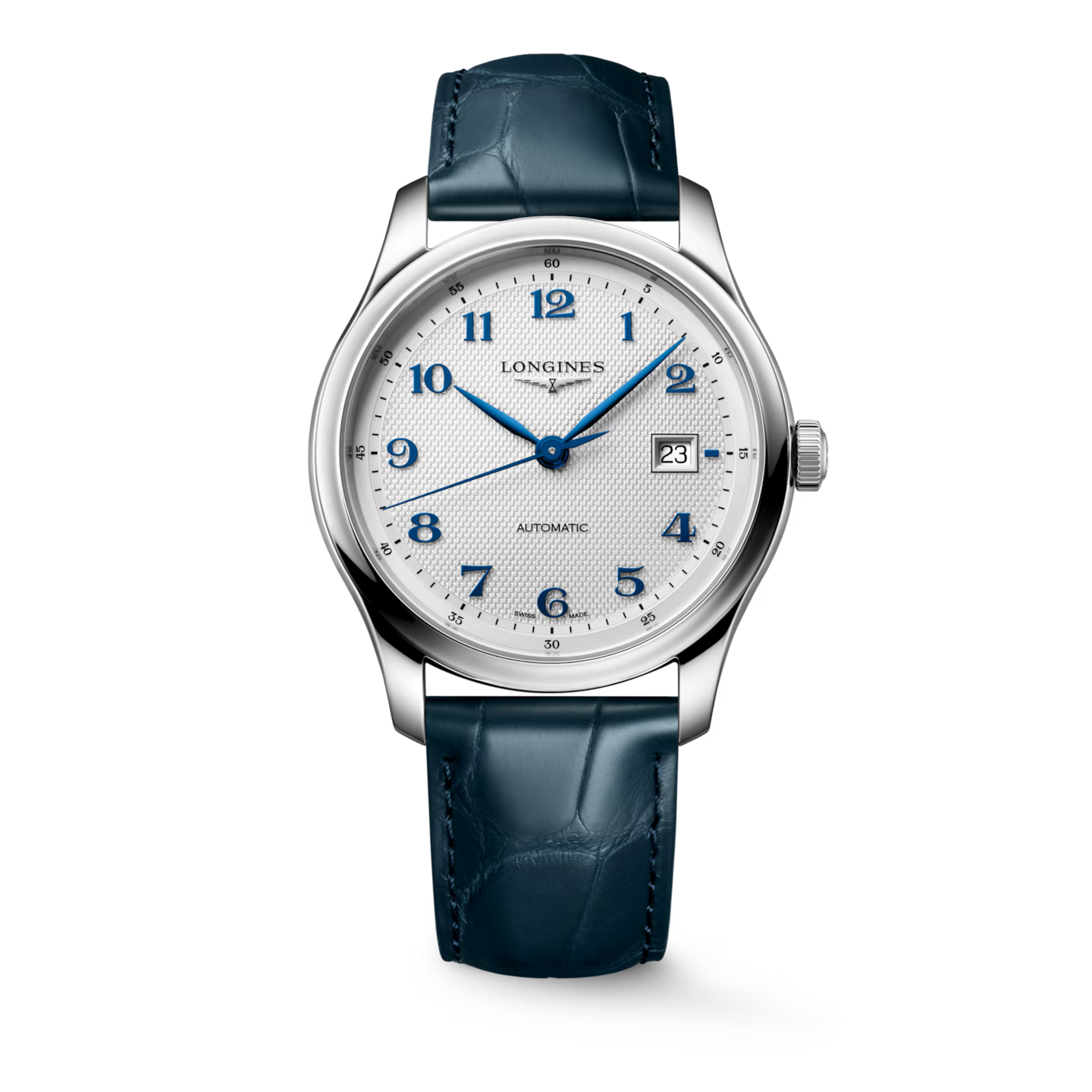 Longines Automatic watch with a silver stainless steel case, white dial with blue numerals and hands, and a dark blue alligator leather strap, shown on a white background.
