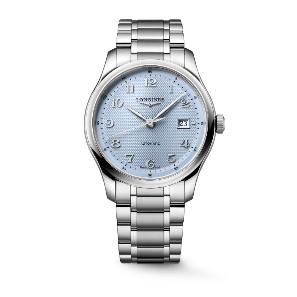 A Longines Automatic watch with a silver stainless steel link bracelet and a light blue dial, shown against a plain white background.