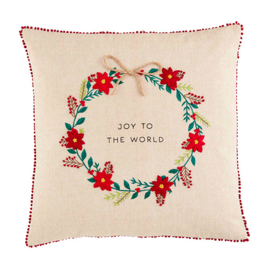 Mud Pie Christmas Wreath Poinsettia Embroidered Pillow