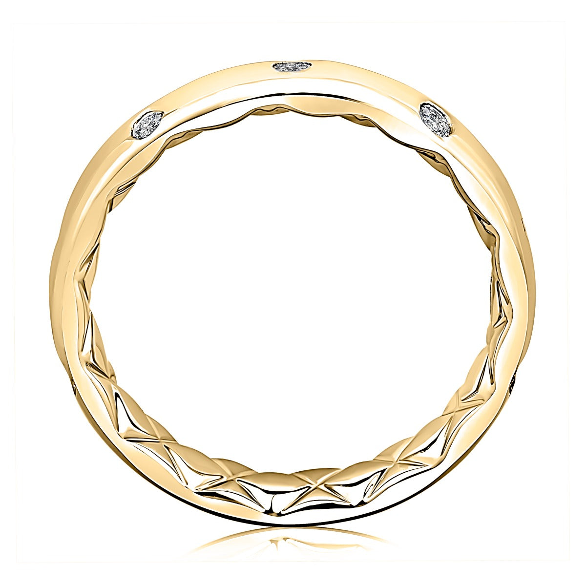 A yellow gold band ring with a twisted, textured interior and three small round-cut diamonds set along the outer surface, shown on a clean white background.