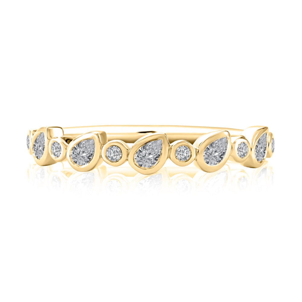 A yellow gold eternity ring featuring a row of teardrop-shaped and round-cut clear gemstones, set against a clean white background with a soft reflection.
